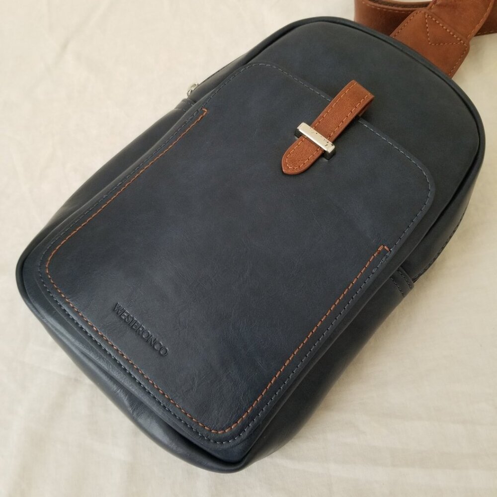 NWT! WestBronco Dark Blue and Brown Faux Leather Crossbody Shoulder Sling Bag - Picture 10 of 11